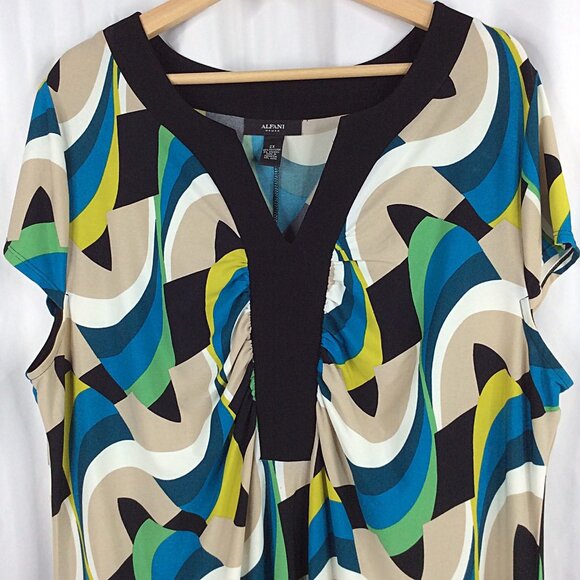 Alfani Geometric Stretch Womens 2X Dress Notch Neck Cap Sleeve Sheath Bodycon - Picture 4 of 8